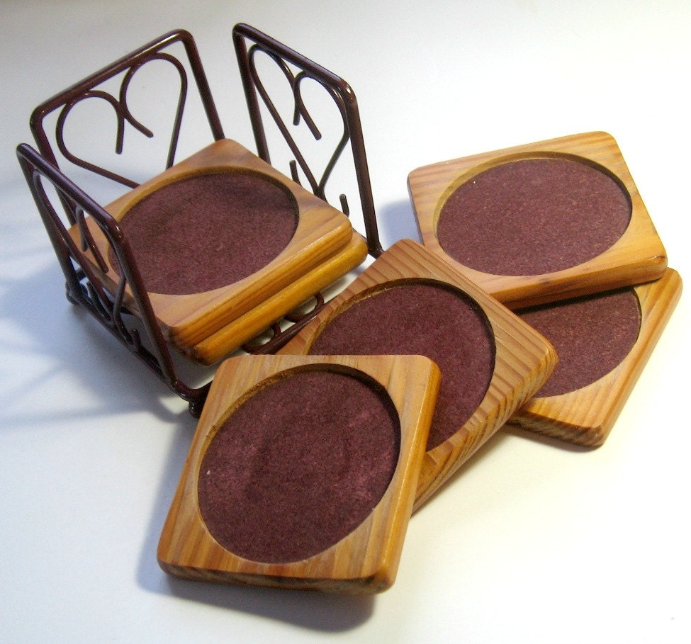 Vintage Wood Cork Coaster Set with Stand Burgundy by flabbyrabbit