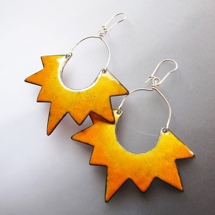 Yellow Sun Dangle Earrings, Big Statement Earrings, Geometric Enamel Jewelry, Bohemian One of a Kind - OxArtJewelry