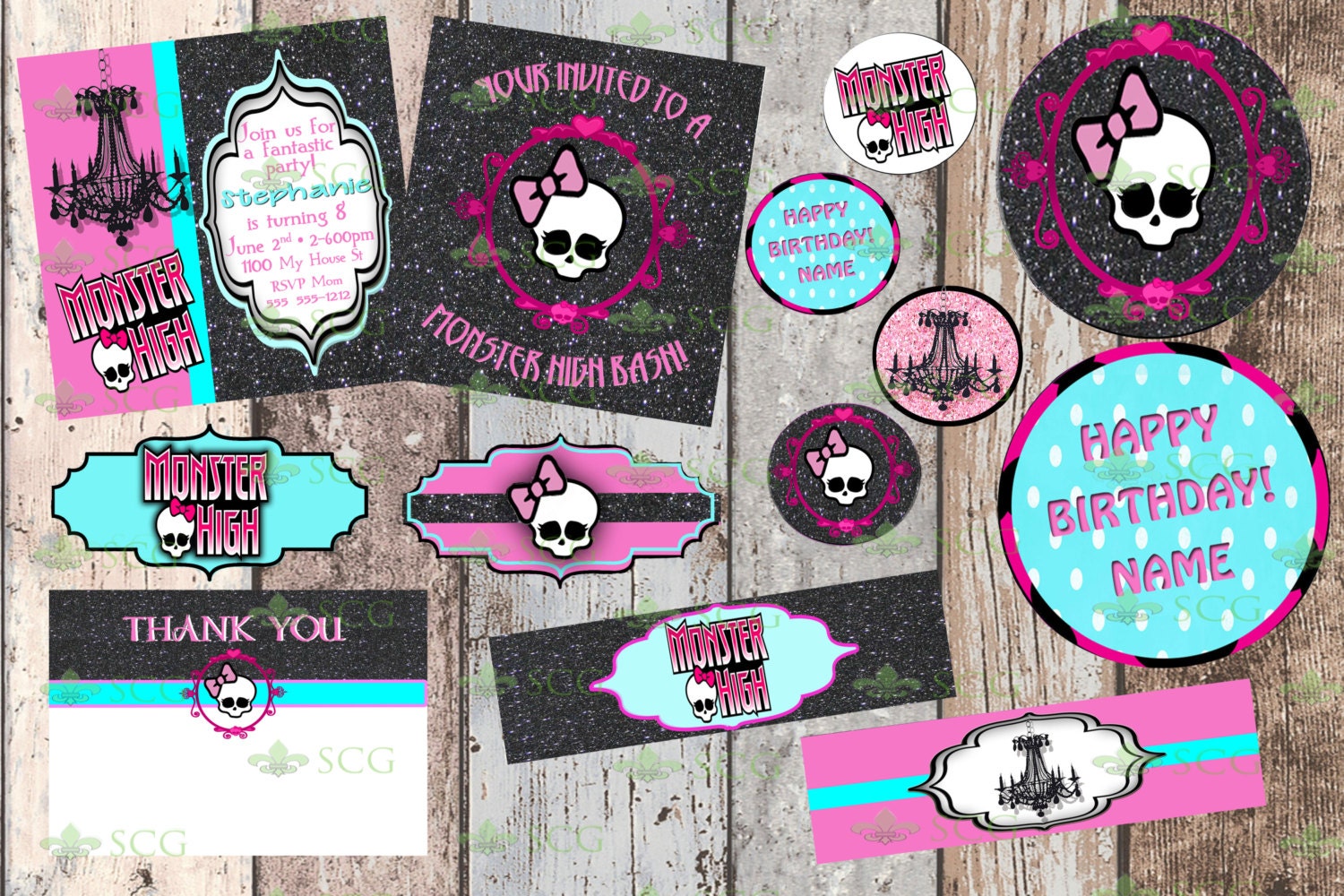 Birthday Invitation-Birthday Card- Monster High Party Pack-5 X 5-2 Sided-Water Bottle Labels, Cupcake Toppers or Favor Tags