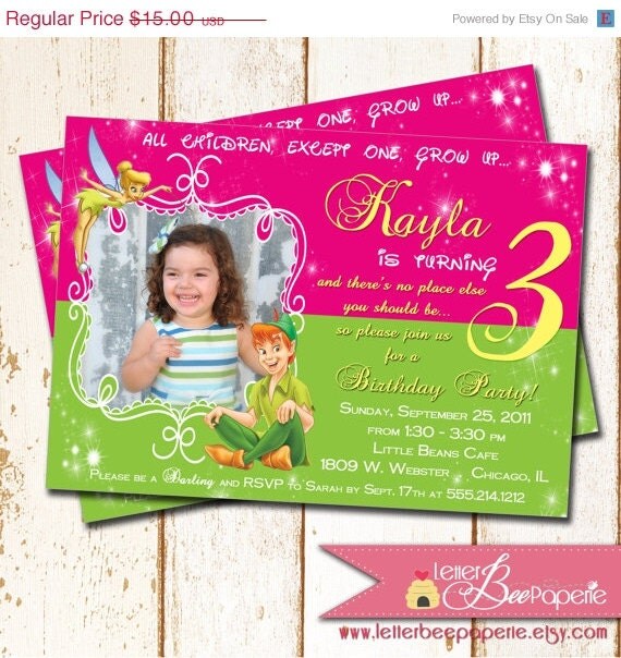 ON SALE Tinkerbell / Peter Pan-Inspired Birthday Party Photo Invitation - DIY Printable File - Pink and Green - Fairy / Fairies - Disney, N Il_570xn
