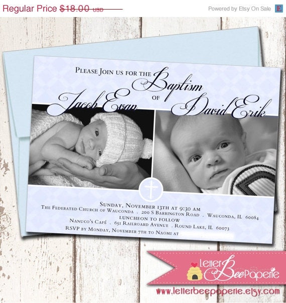 ON SALE Twins Custom Baby Boys Baptism Invitation - Christening Invite - Choose Your Colors - DIY Printable File Il_570xn