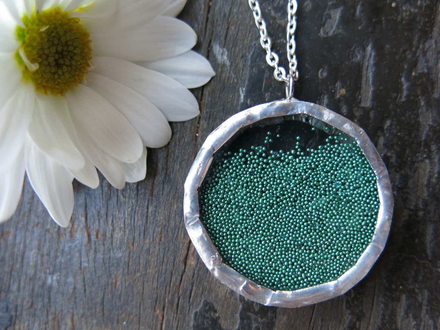Emerald Green Shake Necklace Snow Globe Modern Micro Bead Gift - whatanovelidea