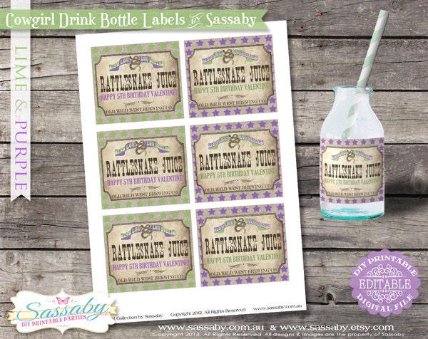 Cowgirl Drink Bottle Labels - Lime & Purple - Girls Birthday Party - DIY PRINTABLE FILE by Sassaby Il_570xn