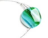 Big glass pendant in green blue tourquise stripes with stainless steel wire Droplett - ProjektMosko