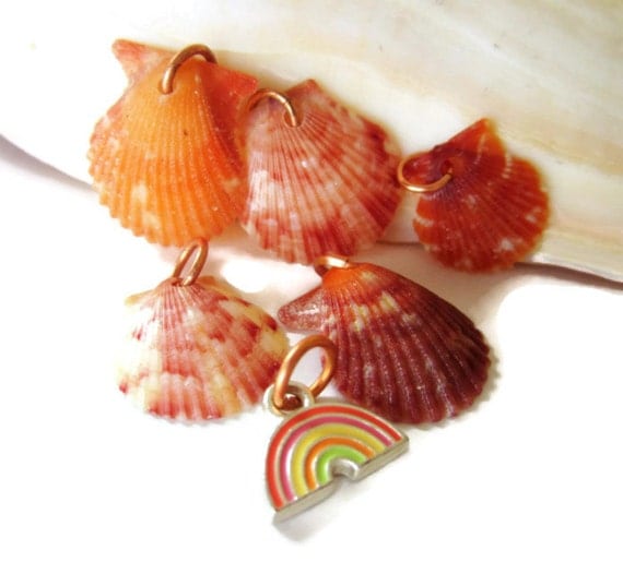 RAINBOW LUCK - Five Sanibel Island Scallop Natural Colorful Seashell Charms, Hand Drilled, Copper Jumprings, Upcycled Rainbow Charm/Supply