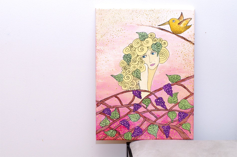 Romantic pink girl bird grapes Original acrylic PAINTING on canvas Woman illustration Home decor 12x16 Autumn small pastel wall art - AstaArtwork