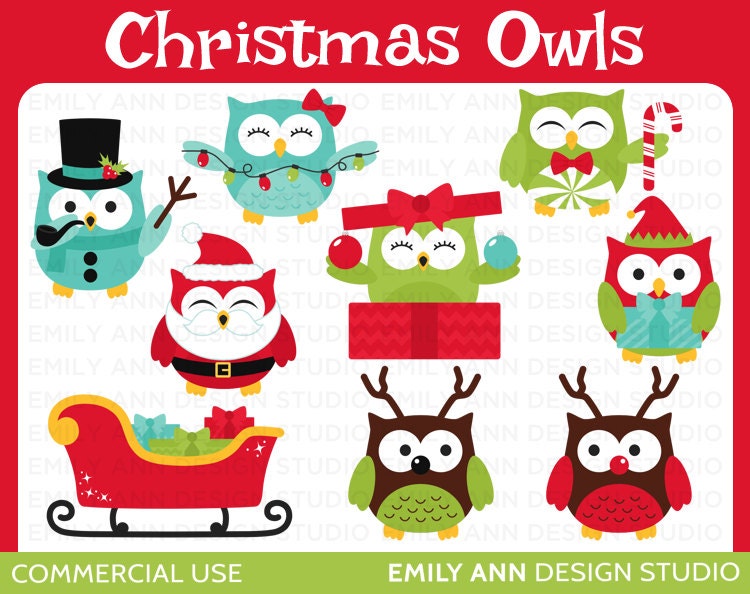 Owls Christmas Santa Elf Reindeer Snowman Cute Clip Art - Commercial Use - Scrapbooking Invitations Cards - Instant Download Il_570xn