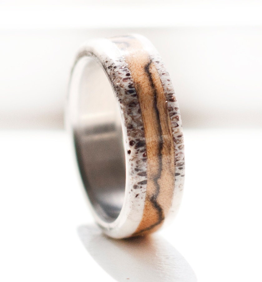 Spalted Maple and Antler Ring Titanium Ring Mens wedding band