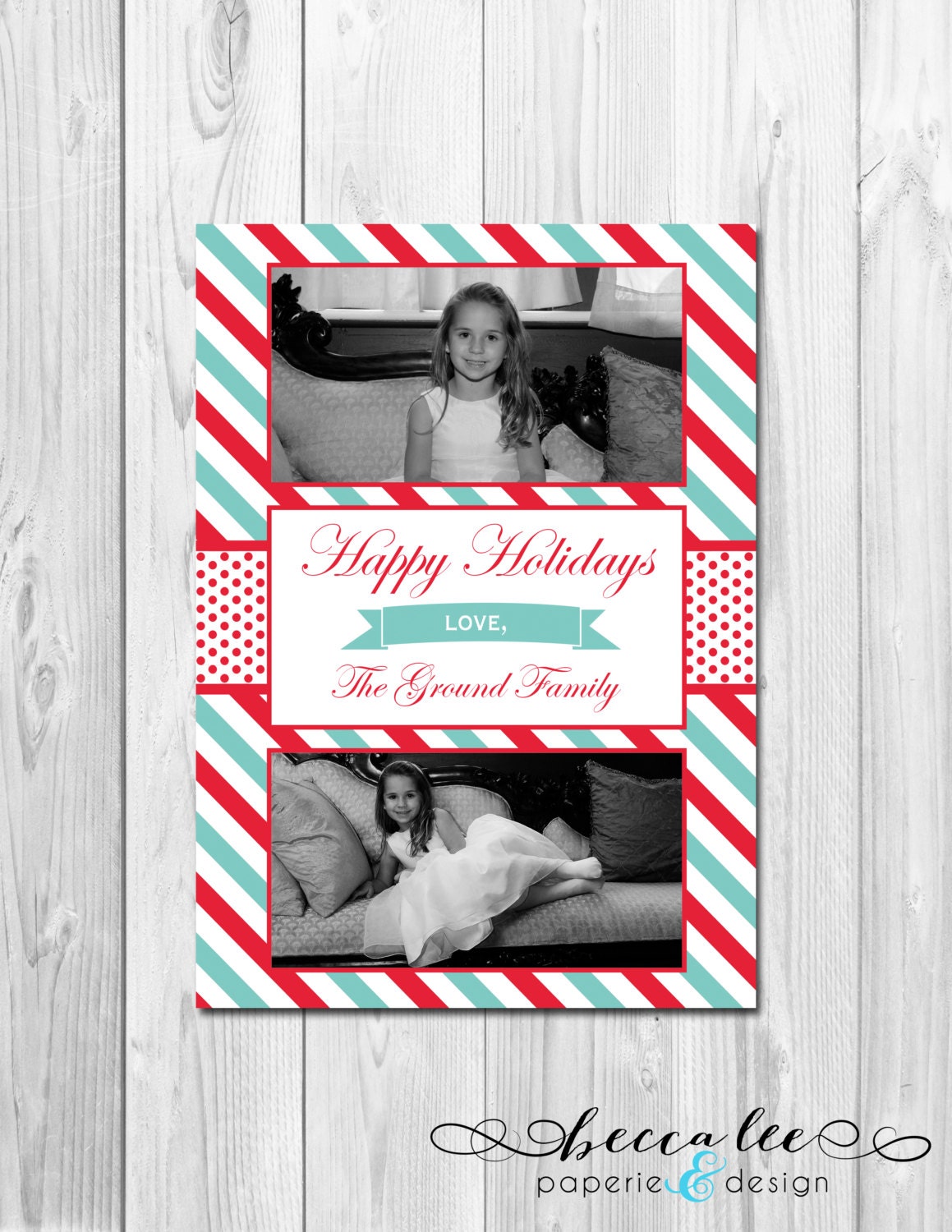 Printable Photo Holiday Card - Happy Holidays - Red and Blue Stripe - 2 Photo - Customizable Il_570xn