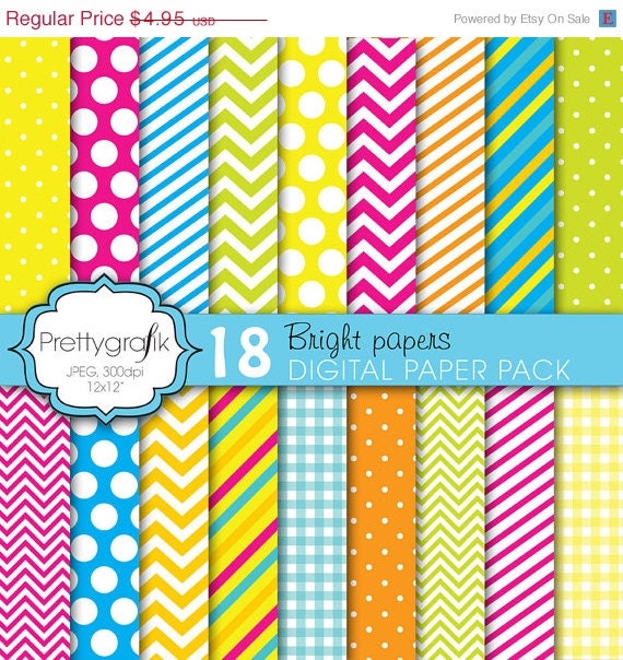 60% OFF bright colors digital paper, commercial use, scrapbook papers, background polka dots, chevron, gingham, stripes - PS616 Il_570xn