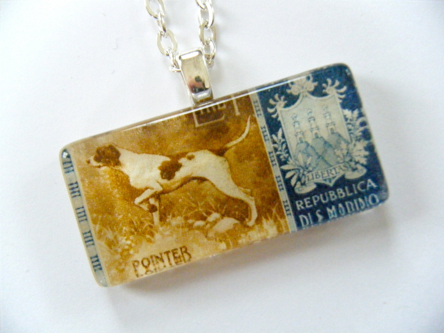 OOAK Pointer Dog Italy Postage Stamp Glass Tile Pendant Republic San Marino Recycled Material Upcycled Paper Postal Italian Necklace Pendant - HeidiKindFinds