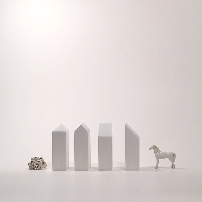 Four wooden houses, home decoration, tabletop art sculptures wood, white minimalism - TheBirdOnTheTree