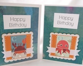 Birthday Card - Handcrafted Card - Hand Stamped - Sea Creatures - Turquoise and Orange - Child's Birthday - Blank Card -  Happy Birthday - PrettyByrdDesigns