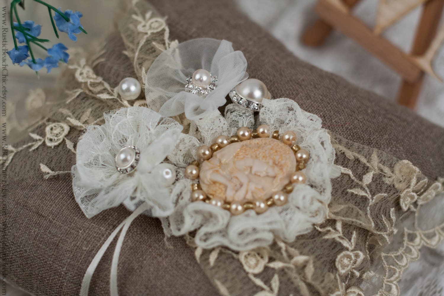 flowers and cameo vintage pillow, burlap and lace, Wedding ring bearer pillow