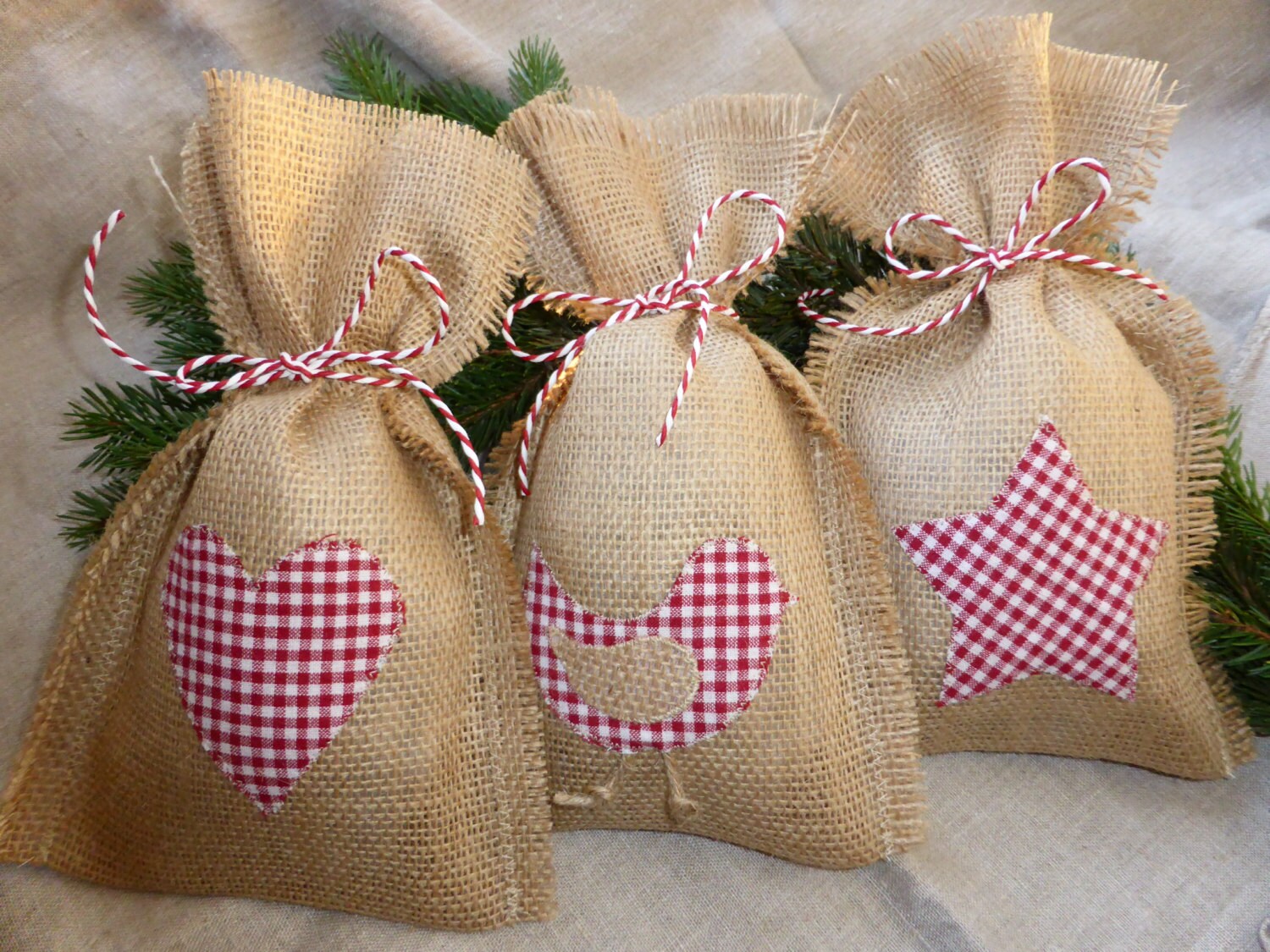 Burlap gift bags set of three, Christmas wraping, Christmas tree Shabby Chic Home Decor -