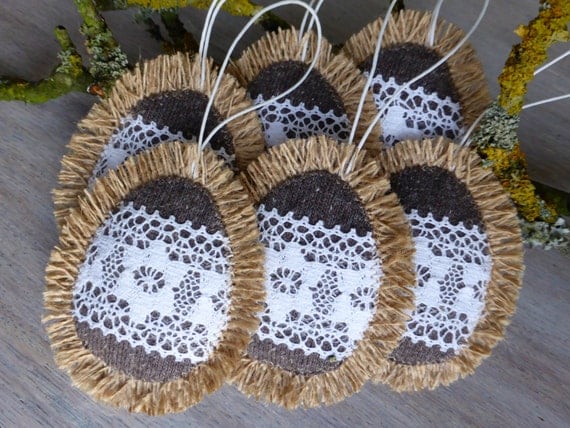 Set of 6 - Rustic burlap egg decorated with cotton lace- Home Decor -