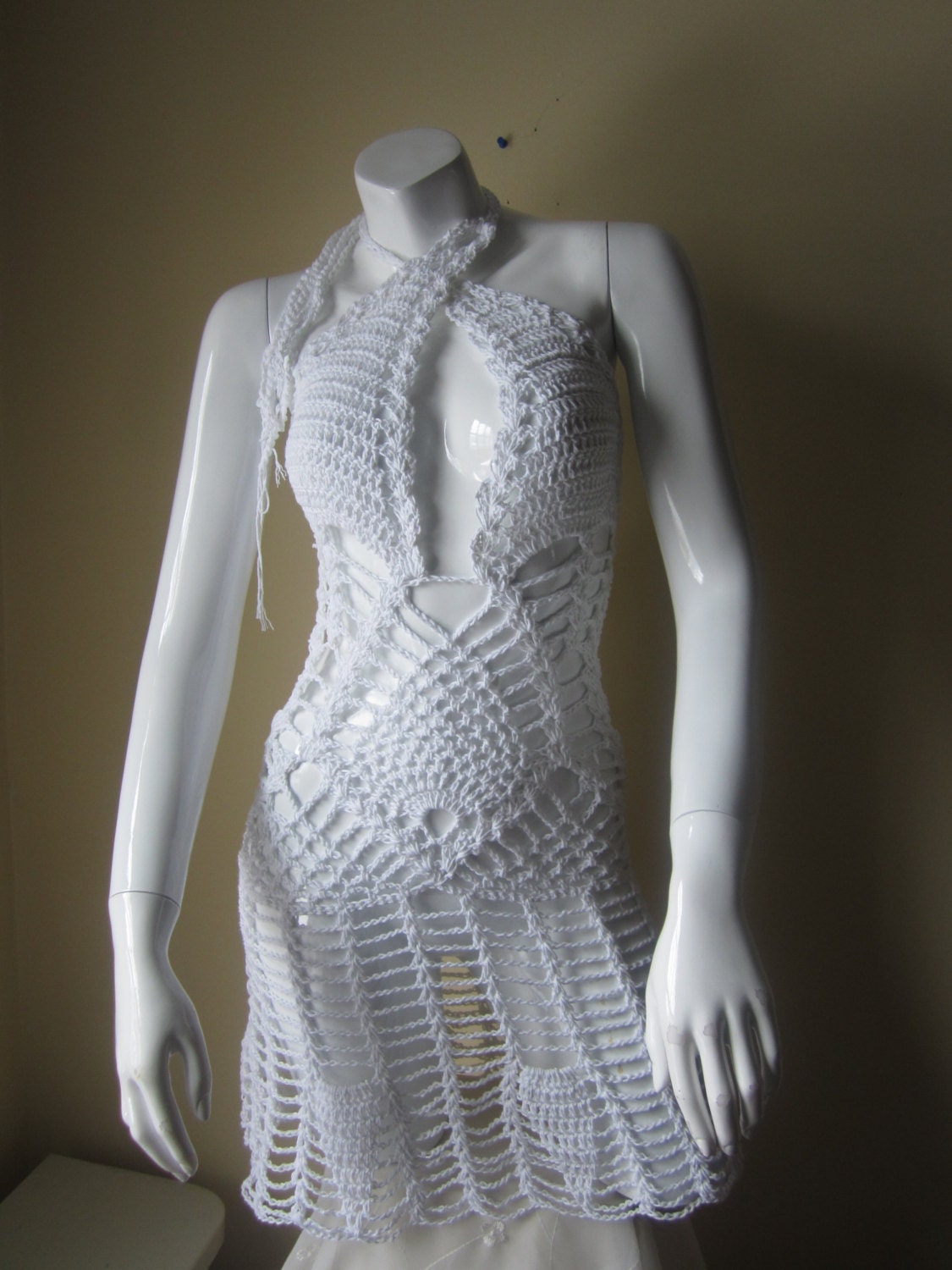 Items similar to Crochet dress, WHITE, Monokini halter dress, beach