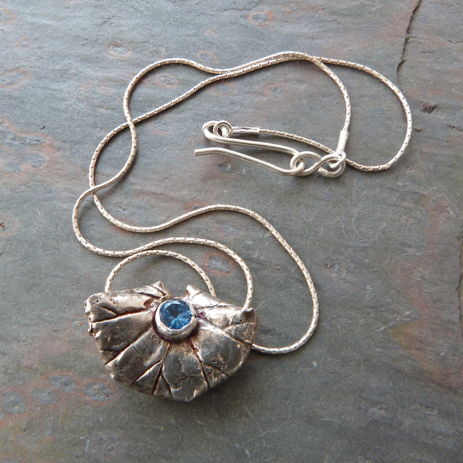 Fine Silver Leaf Pendant Necklace with Sky Blue Spinel Bezel Set Gemstone & Sterling Chain - TransfigurationsJlry