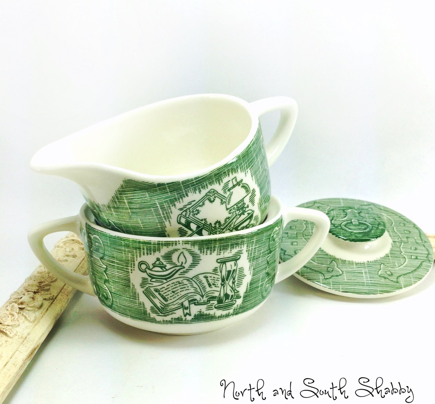 Old Curiosity Shop Lidded Sugar and Creamer Set Dickens Inspired Vintage Transferware Serveware by Royal China - northandsouthshabby