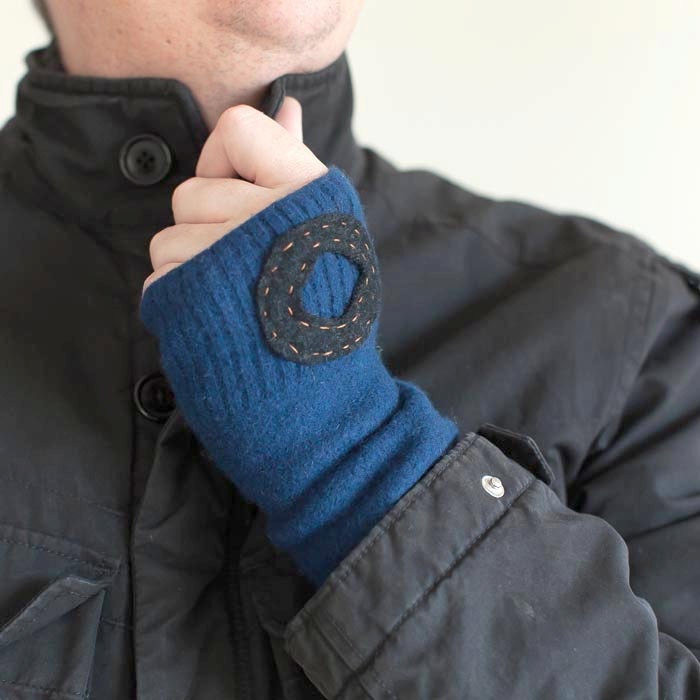 Mens Upcycled Felted Sweater Fingerless Gloves Arm Warmers  - Blue with Black Circle - gayeabandon