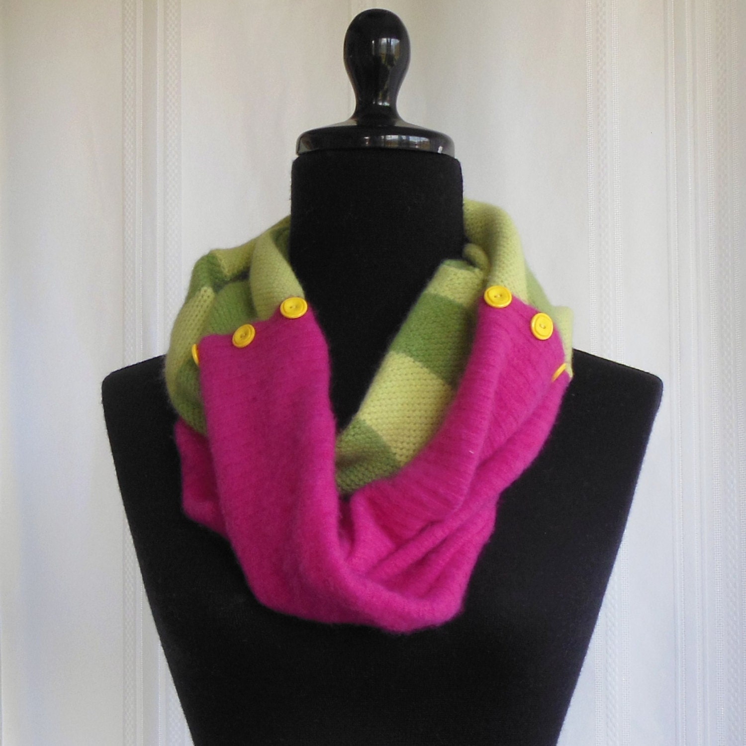 Infinity Cashmere Wool Scarf made from upcycled pink and green sweaters - FoxIslandFancywork