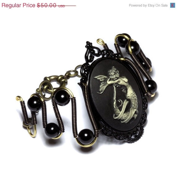 ON SALE TODAY - Steampunk Goth Bracelet - Mermaid Cameo - Onyx - CatherinetteRings