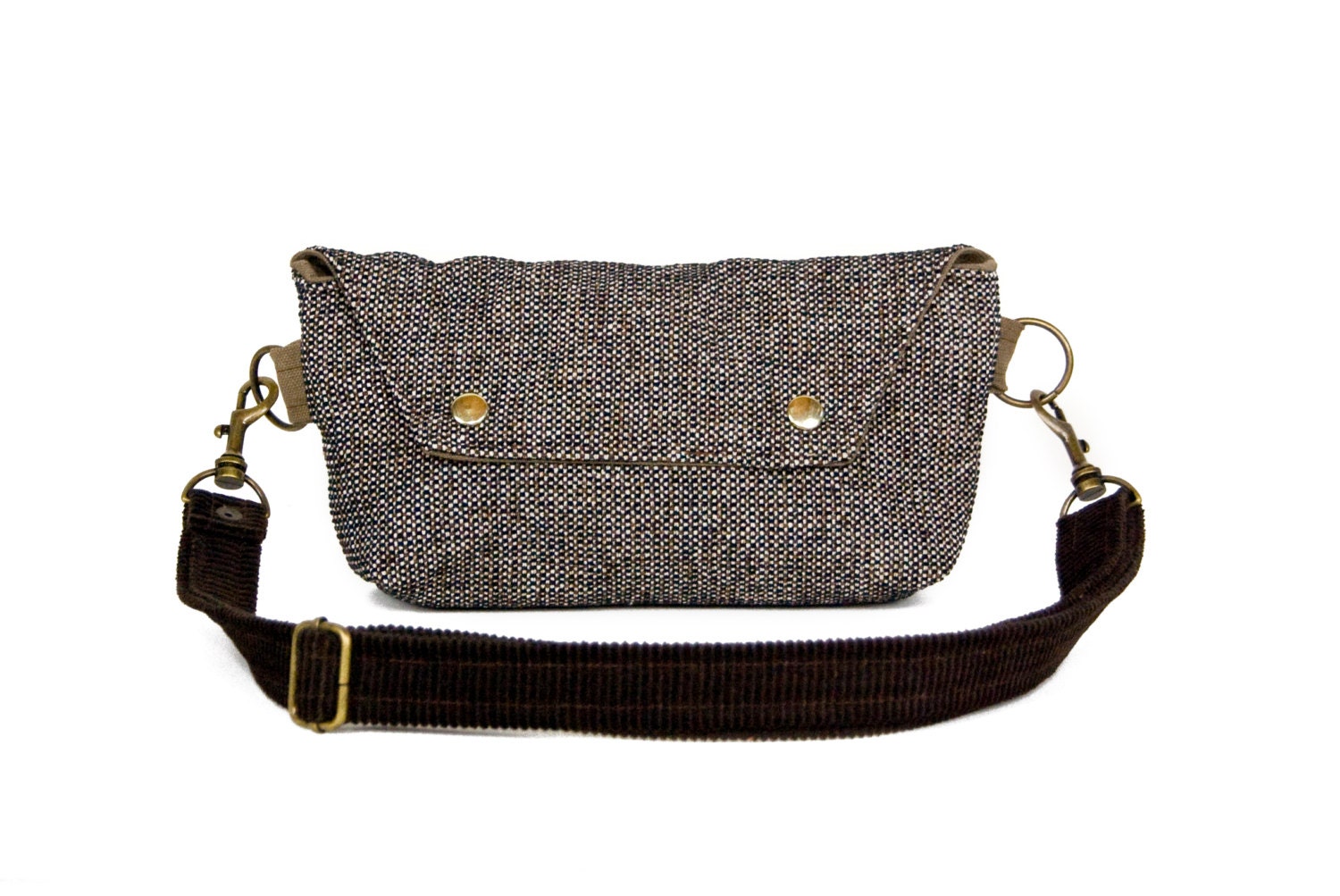 Hip Bag - Fanny Pack - Traveler Bag in Brown Beige Black Tweed and Corduroy - Made to Order