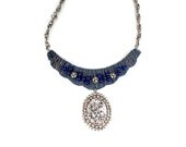 Big Bold Necklace Wire Wrapped Sari Ribbon Rhinestone Statement Jewelry Silver Blue Gray - LilisGems Big Bold Necklace Wire Wrapped Sari Ribbon Rhinestone Statement Jewelry Silver Blue Gray - LilisGems