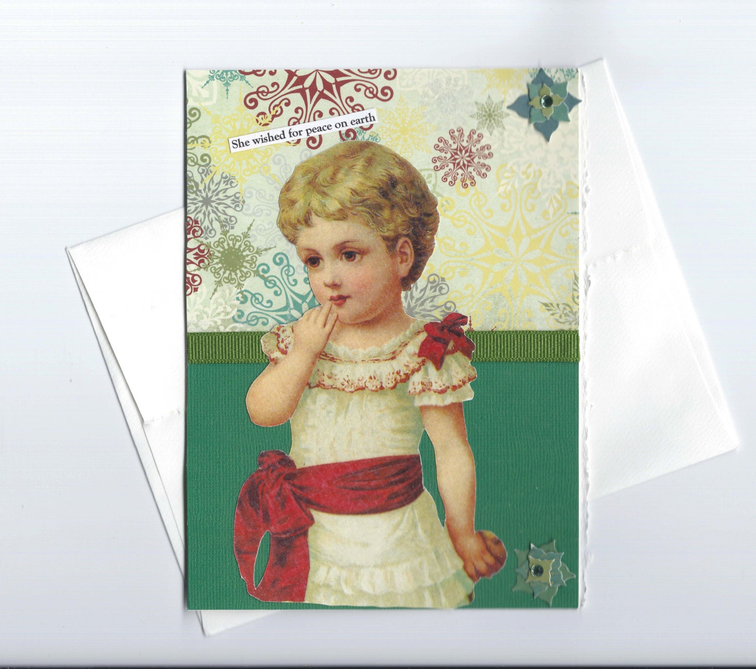 Thoughtful Christmas Card with Victorian Woman Mixed Media Art  -- What's Wrong With World Peace - rhodyart