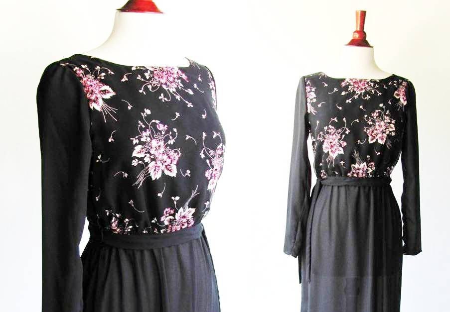 SALE. French Style Dress / Pink Flowers on Black / 70s Floral on Retro Flowy Fabric / Vintage 1970s Mini Dress / Small, 34 to 36 bust - pintuckstyle