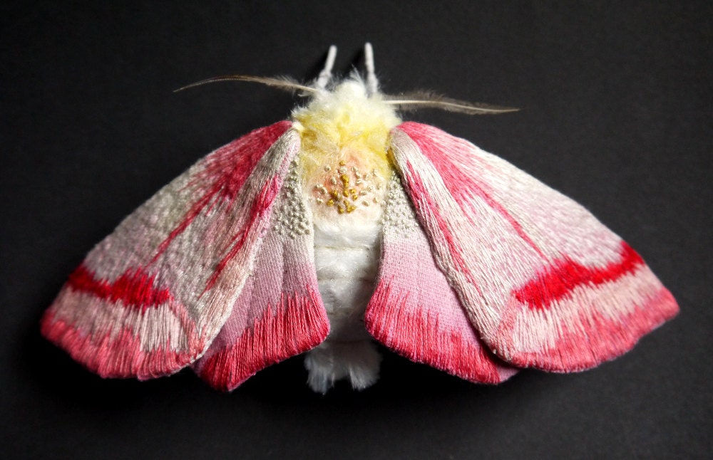 Fabric sculpture -Large Clouded Crimson Moth textile art