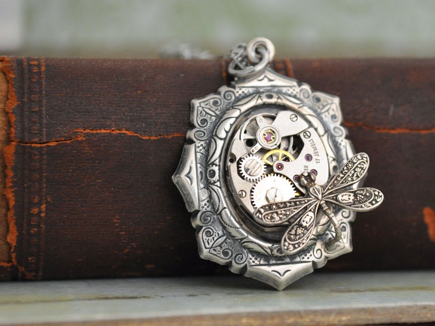 steampunk jewelry - TIME TRAVELER - antiqued silver steampunk watch movement necklace with tiny dragonfly - junesnight