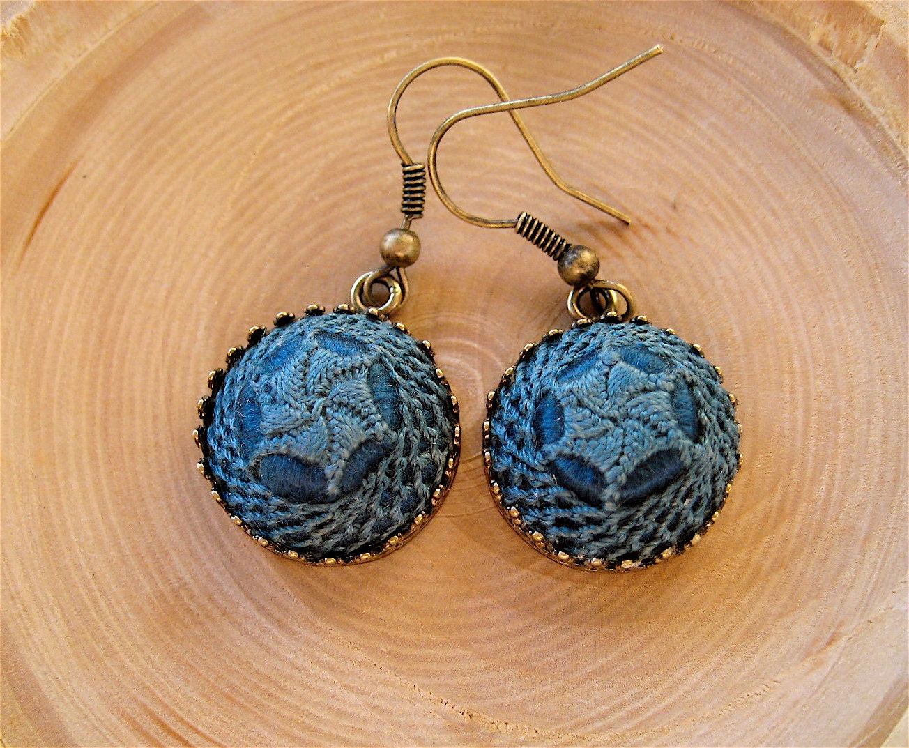 Vintage Blue Lace Button Earrings Beautiful Handmade Needle Lace on Silk Satin 1900s on Brass Hooks - CatchingWaves