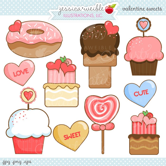 Valentine Sweets Cute Digital Clipart - Commercial Use OK - Valentine Graphics, Valentine Clipart, Cupcake, Donut Il_570xn