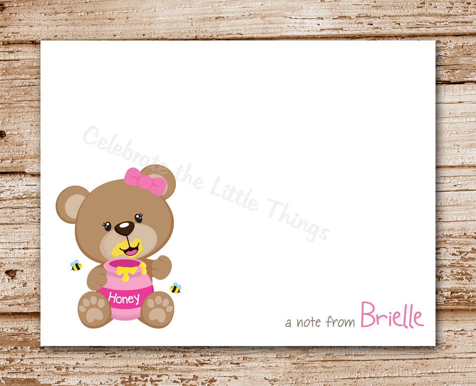 Set of 8 / Teddy Bear Note Cards / Girl / Honey Jar / Personalized Stationery Il_570xn