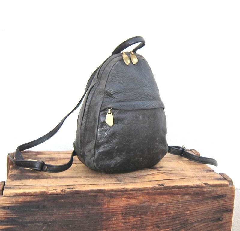 Vintage Worn In Black Leather Small Backpack Purse by Trustfund21