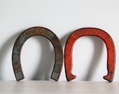 vintage horseshoes / blue, red rustic home decor - wretchedshekels
