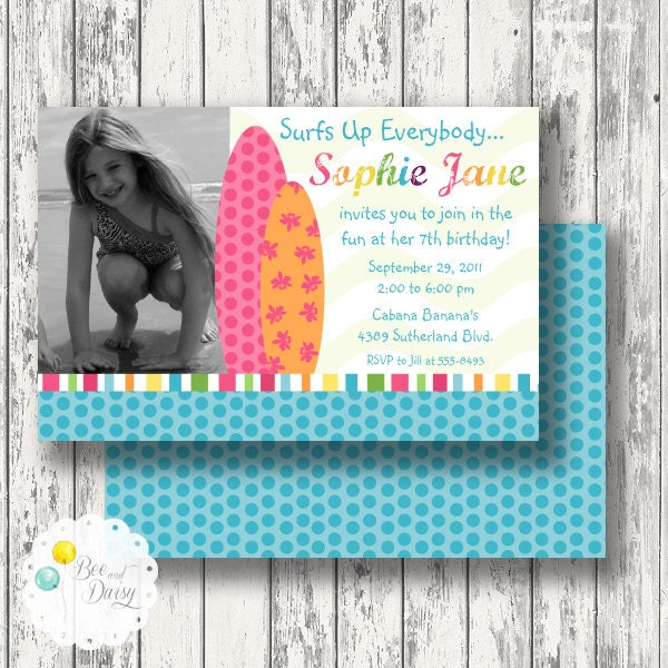 Surfer Invitation for Birthday Party or Baby Shower - DIY Girls Surf Board Printable Photo Invite by BeeAndDaisy Il_570xn