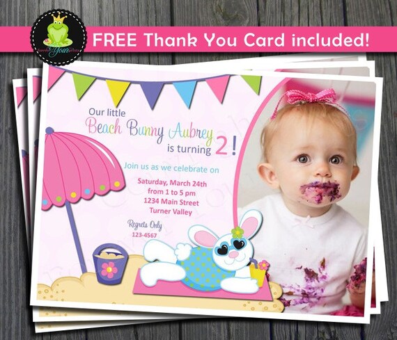 Beach Bunny Birthday Invitation - FREE Thank You Card Included Il_570xn