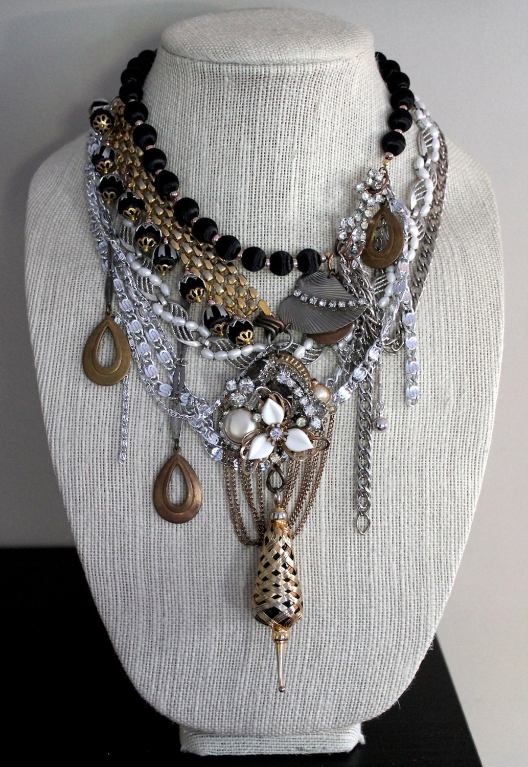 Lorikeet. Repurposed Antique Vintage Black Jewelry Pearls Silver Gold Brass Chains Swarovski Crystal Rhinestones OOAK Statement Necklace.