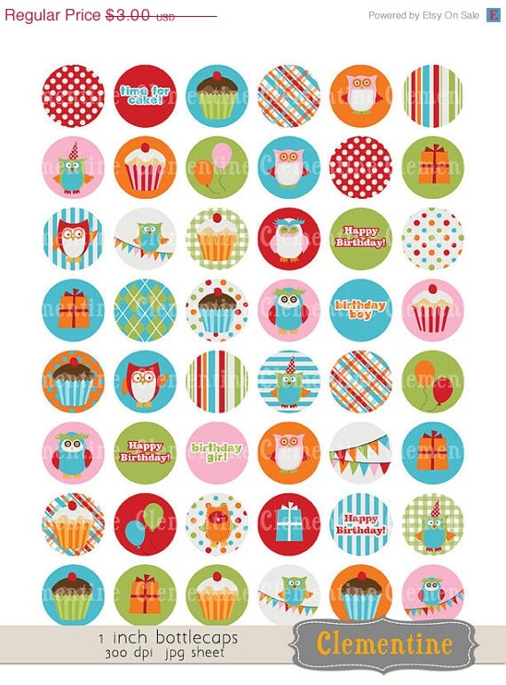 40% OFF SALE Birthday bottle cap images, owl bottlecap images, one inch circles, royalty free- bc115- Instant Download Il_570xn