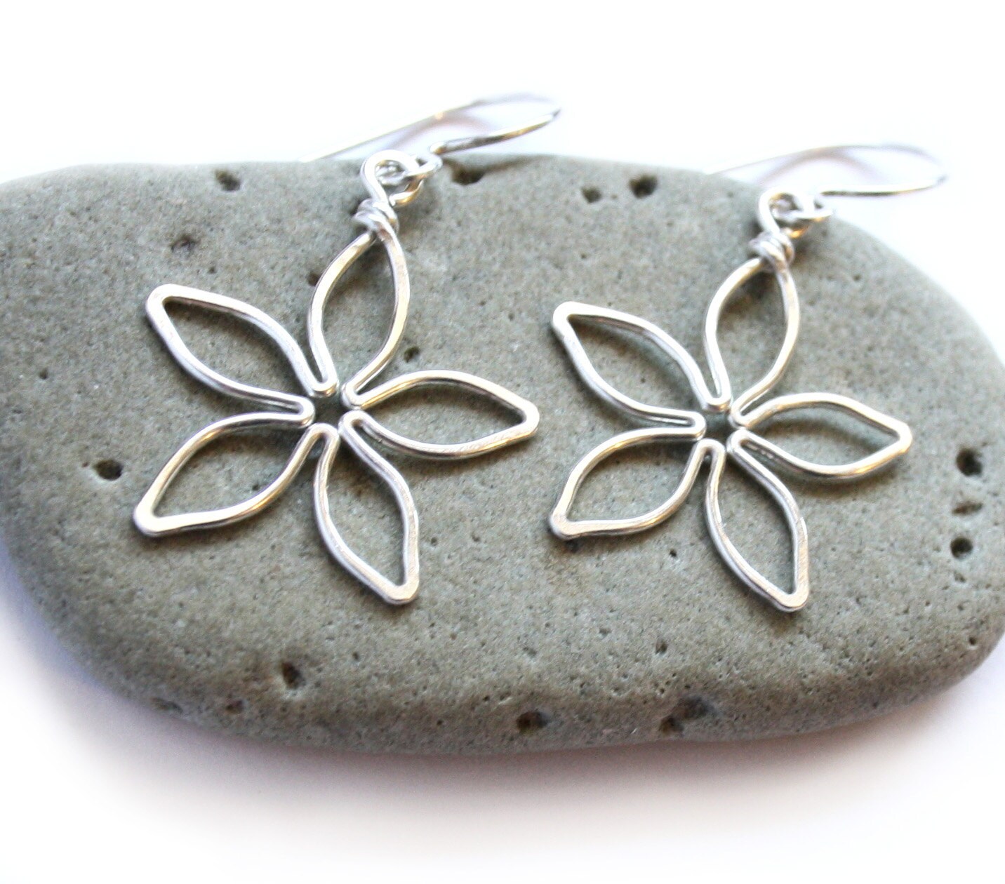 Silver Flower Earrings Five Petal Daisy Wire Wrapped