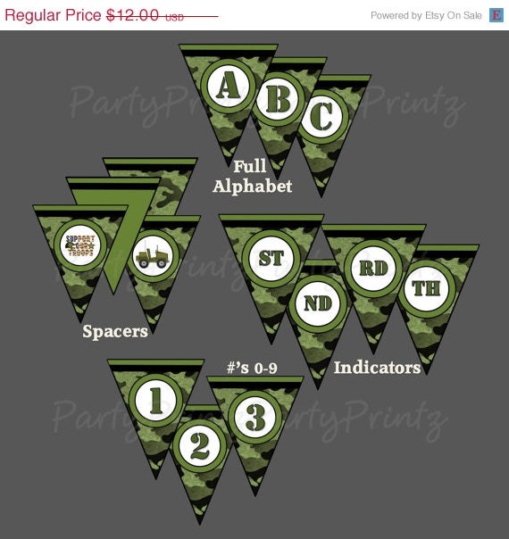SALE INSTANT DOWNLOAD - Printable Army Proud - Banner - Full Alphabet - Birthday Il_570xn