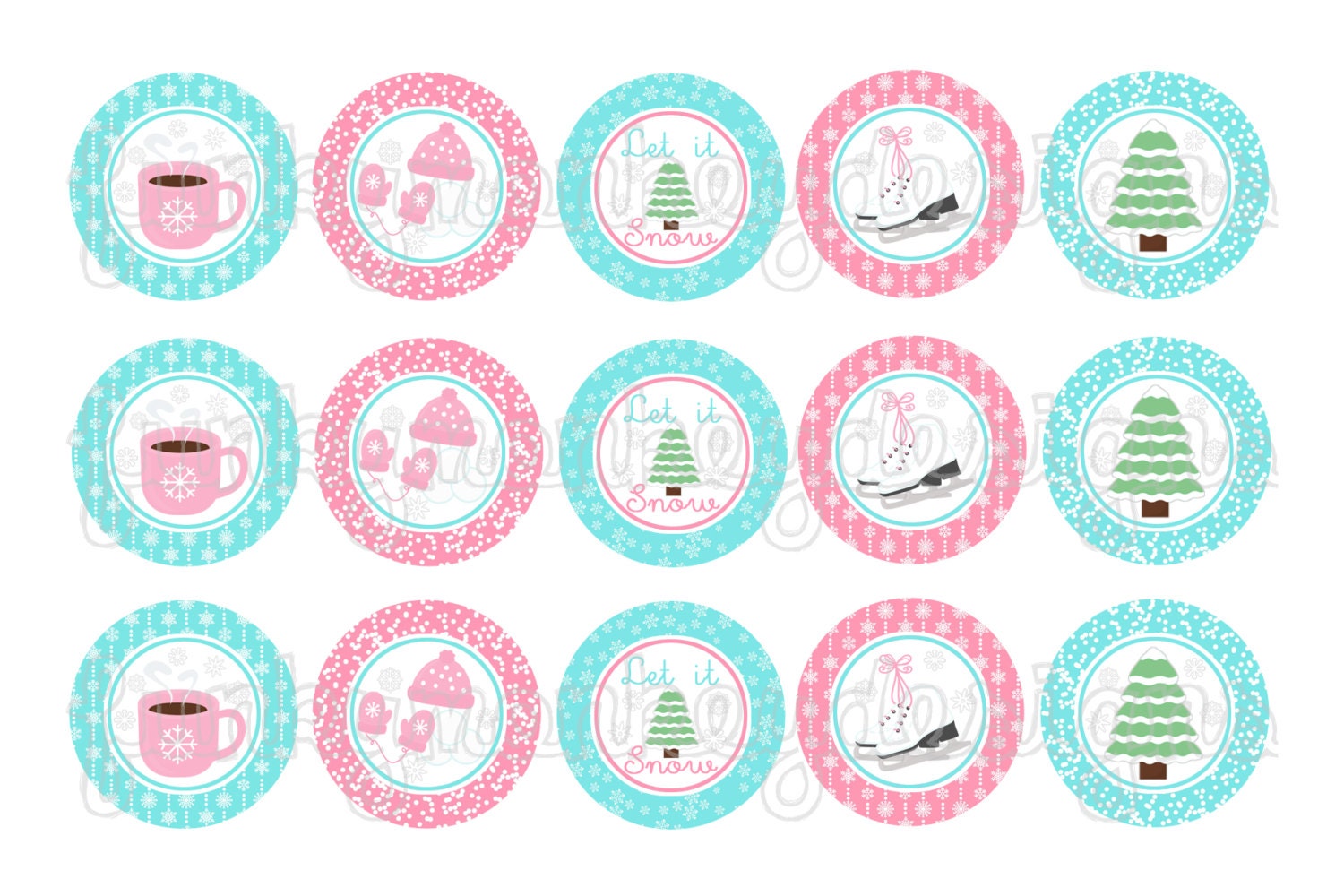 INSTANT DOWNLOAD ~Blue & Pink Snow Winter Christmas Holiday Inspired~ 4x6 Digital 1" Inch Bottle Cap Image/Digital Collage sheet Il_570xn
