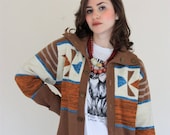 ON SALE Vintage Tan Orange and Blue Button Down Striped Collared Sweater - SloppyJos