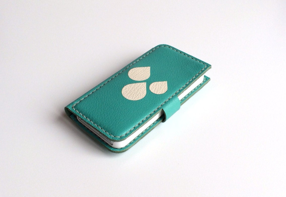 Leather iPhone Case Leather iPhone Wallet iPhone Pouch / for iphone 5/5S, 5C, 4/4S / Turquoise and Blob Theme / Phone Case Phone Wallet - sukriyeozcandesigns