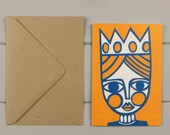 Queen linocut greetings card - WorkOnPaperStudio