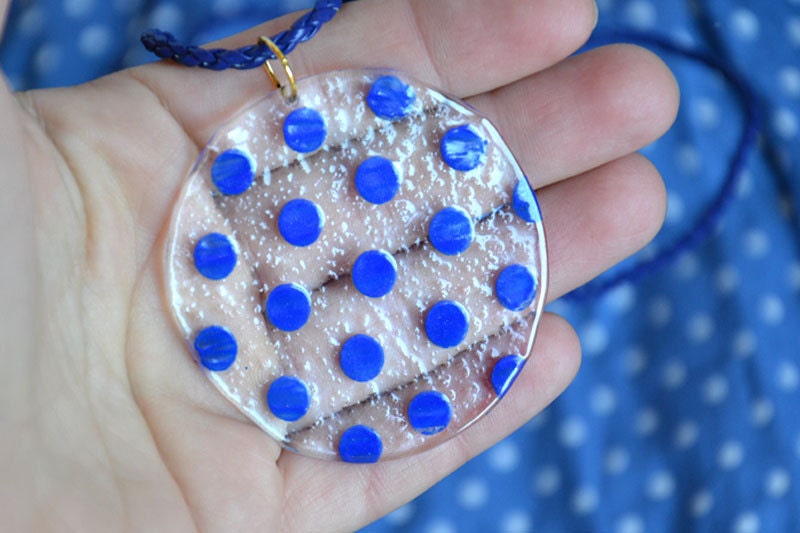 Navy blue POLKA DOTS, retro pendant, glass, unique jewelry, round big pendant. - JoannaJagoda