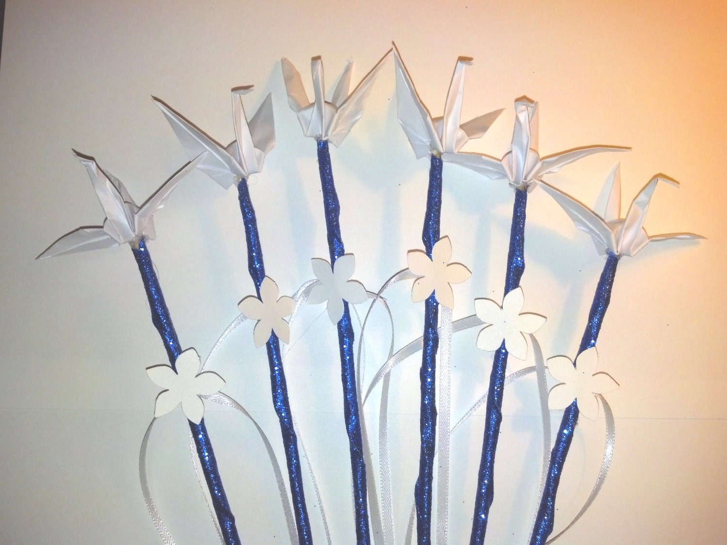 Japanese Origami Paper Cranes and Flowers Bouquet Hand Folded with Peace, Hope and Love - Blue - PaperSoil