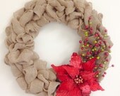 Christmas Burlap Wreath . Poinsettia, Red and Green Berries . Rustic Christmas Wreath . Holiday Wreath . Wreaths for the door - WonderfullyMadeDecor